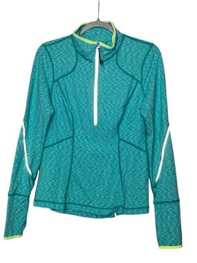 Zella Green White 1/2 zip Long Sleeve Top Performance Reflective Yellow Trim